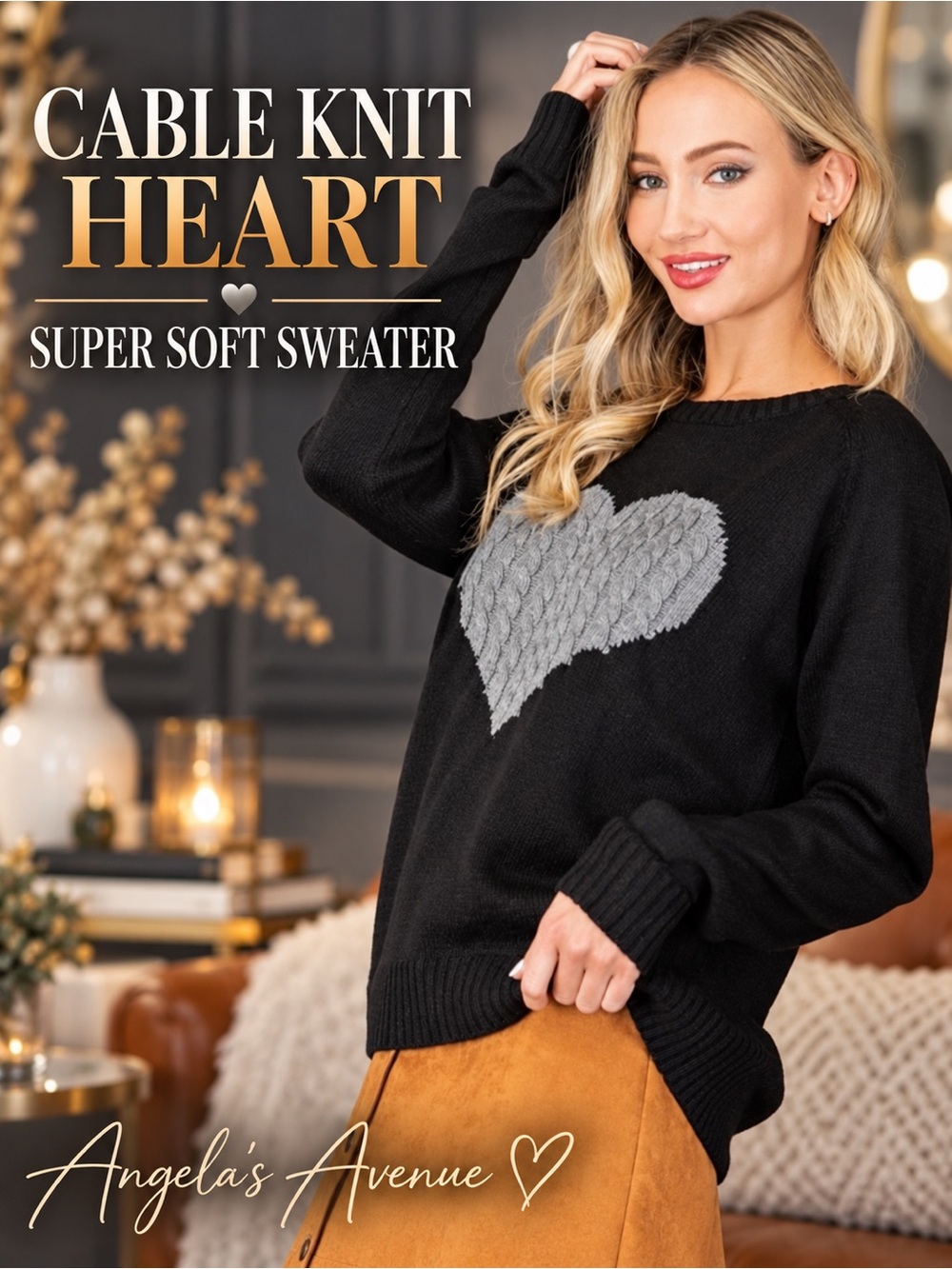 Cable Knit Heart Super Soft Black Sweater NEW